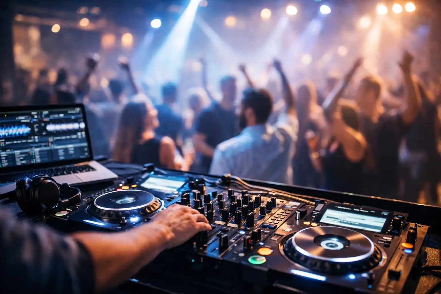 DJ equipment settings for a packed dance floor